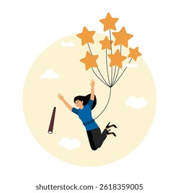 Evaluation or performance rating, businesswoman flying with stars rating balloon look for future. Flat vector modern illustration 