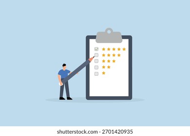 Pesquisa de desempenho de avaliação, empresário usar lápis dando estrelas avaliação.