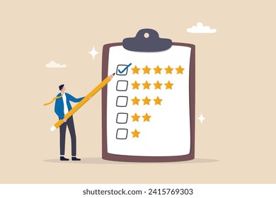 Evaluation performance survey, marketing feedback or service questionnaire, customer opinion, excellent 5 stars service, customer ranking score concept, businessman use pencil giving stars evaluation.