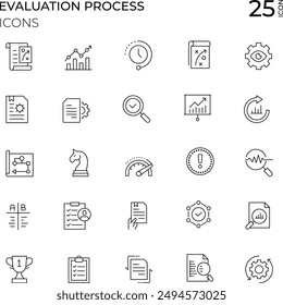 Evaluation Process Icon Set" is a collection of icons designed to visually represent various steps and elements of evaluation processes.