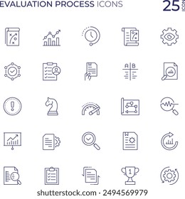 Evaluation Process Line Icon Set - stock illustration" typically consists of a collection of simple, linear-style icons depicting various elements related to evaluation processes.