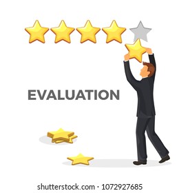 Evaluation promo poster with gold star and man in suit