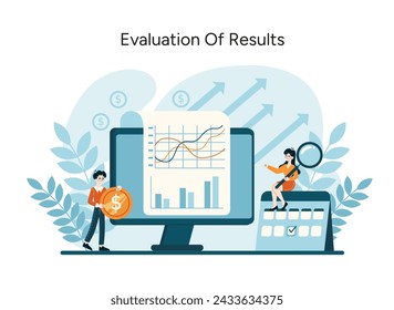 Evaluation of Results concept. Intensive scrutiny of financial outcomes using key metrics. Strategic insights for fiscal improvement. Flat vector illustration