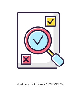 Evaluation RGB color icon. Assessment of research. Check of data statistic. Find information in report. Inspect exam paper. Administrative work. Quality measurement. Isolated vector illustration
