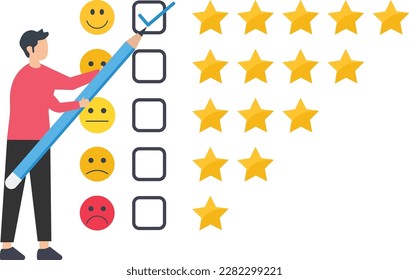 Evaluation or satisfaction feedback, performance rating or customer review, giving stars quality, rating the service concept, evaluate star feedback concept
