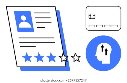 Hoja de evaluación con imagen de perfil y estrellas de calificación, tarjeta de crédito e icono de cabeza humana con flechas hacia arriba. Ideal para reclutamiento, finanzas, crecimiento, revisión de desempeño, desarrollo personal