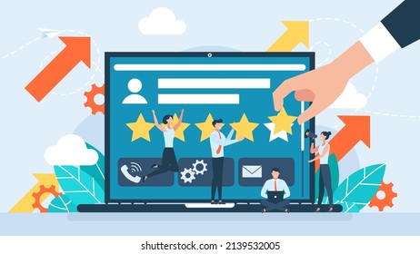 Evaluation of the shop. Web store rating. Feedback on the purchase. Improving the quality of services. Concept of online shopping on social media app. Web banner. Flat design. Vector illustration.