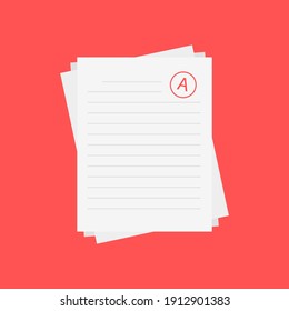 Evaluation system. Letters and grades of the teacher on paper. Vector flat illustration. A exam result score red mark on red background.