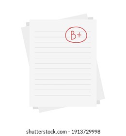 Evaluation system. Letters and grades of the teacher on paper. Vector flat illustration. A exam result score red mark on white background.