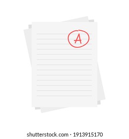 Evaluation system. Letters and grades of the teacher on paper. Vector flat illustration. A exam result score red mark on white background.