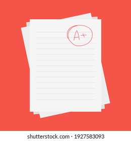 Evaluation system. Letters and grades of the teacher on paper. Vector flat illustration. A exam result score red mark on red background.