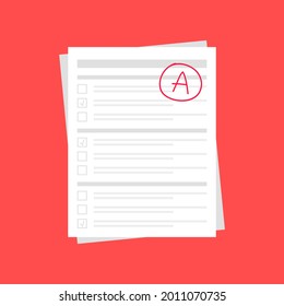 Evaluation system. Letters and grades of the teacher on paper. Vector flat illustration. A exam result score red mark on red background.