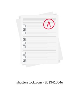 Evaluation system. Letters and grades of the teacher on paper. Vector flat illustration. A exam result score red mark on white background.