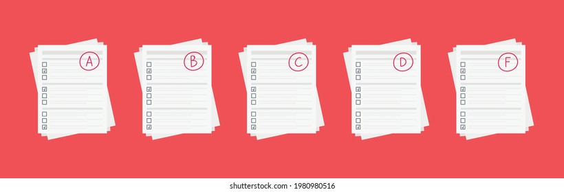 Evaluation system. Set of grades on paper. Vector flat illustration. A, B, C, D, F exam result score red mark on red background.