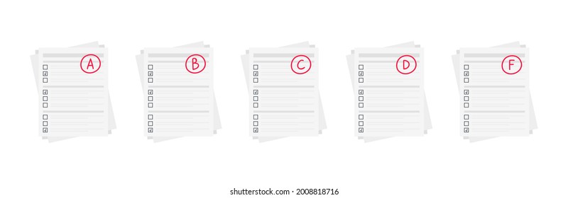 Evaluation System. Set Of Grades On Paper. Vector Flat Illustration. A, B, C, D, F Exam Result Score Red Mark On White Background.