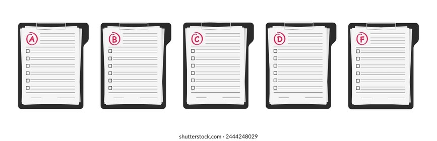 Evaluation system. Set of grades on paper. A, B, C, D, F exam result score red mark. The result of a class assignment. Vector illustration