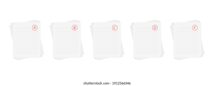Evaluation system. Set of letters and grades of the teacher on paper. Vector flat illustration. A, B, C, D, F exam result score red mark on white background.