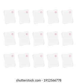 Evaluation system. Set of letters and grades of the teacher on paper. Vector flat illustration. A, B, C, D, F exam result score red mark on white background.