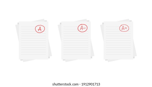 Evaluation system. Set of letters and grades of the teacher on paper. Vector flat illustration. A, B, C, D, F exam result score red mark on white background.