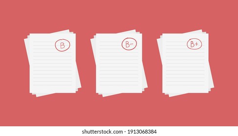 Evaluation system. Set of letters and grades of the teacher on paper. Vector flat illustration. B exam result score red mark on red background.