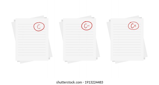 Evaluation system. Set of letters and grades of the teacher on paper. Vector flat illustration. C exam result score red mark on white background.
