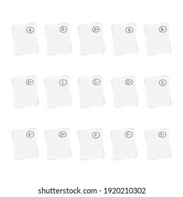 Evaluation system. Set of letters and grades of the teacher on paper. Vector flat illustration. A, B, C, D, F exam result score red mark on white background.