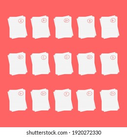 Evaluation system. Set of letters and grades of the teacher on paper. Vector flat illustration. A, B, C, D, F exam result score red mark on red background.