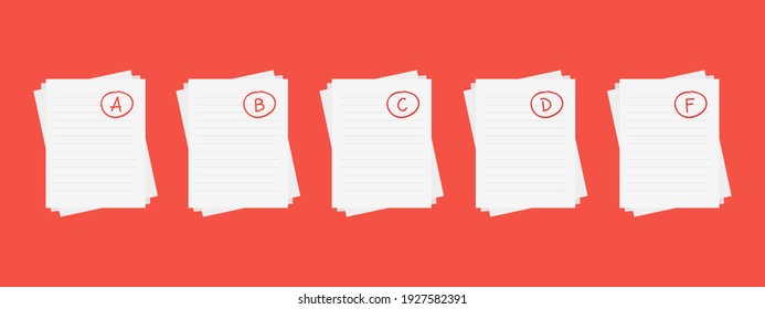 Evaluation system. Set of letters and grades of the teacher on paper. Vector flat illustration. A, B, C, D, F exam result score red mark on red background.