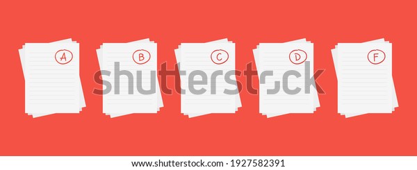 Evaluation system. Set of letters and grades\
of the teacher on paper. Vector flat illustration. A, B, C, D, F\
exam result score red mark on red\
background.