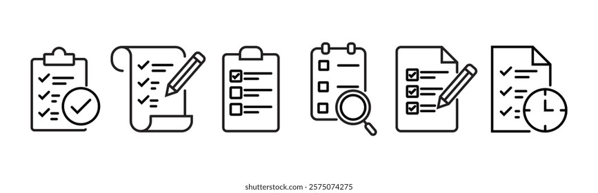 Evaluation thin line icon set. quality, survey, analysis, management data, inspection, checklist, review vector illustration eps 10.