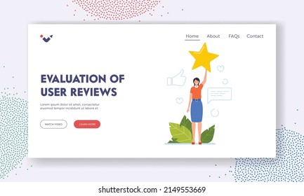 Evaluation of User Reviews Landing Page Template. Woman Customer with Gold Star in Hand. Rating, Feedback, Choice, Mobile App for Ranking, Business Satisfaction. Cartoon People Vector Illustration