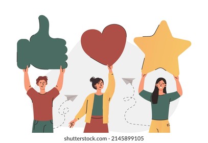 Evaluación del concepto de éxito de la labor. Jóvenes hombres y mujeres sostienen opiniones con estrellas, corazón, pulgares hacia arriba y dejan reseñas. Comentarios o comentarios de los empleados. Calificación positiva. Ilustración vectorial plana contemporánea de dibujos animados