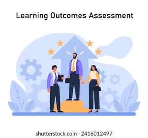 Evaluators celebrate a successful learning outcomes assessment. With gleaming stars and cogwheels, they mark milestones, ensure quality, and highlight individual growth. Flat vector.