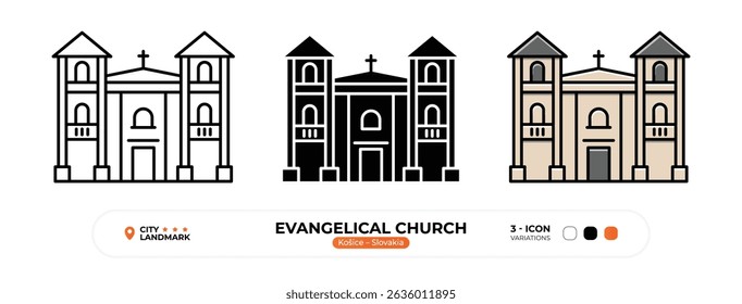 Ícone De Linha Da Igreja Evangélica, Košice, Silhueta De Marco Da Eslováquia, Vetor De Cor, Traço Editável.
