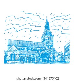 The Evangelical Lutheran cathedral in Riga, Latvia. Vector freehand pencil sketch.