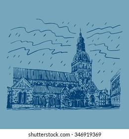 The Evangelical Lutheran cathedral in Riga, Latvia. Vector freehand pencil sketch.