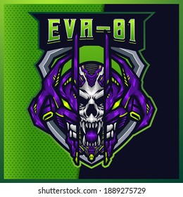 Evangelion Skull esport and sport mascot logo design with modern illustration concept for team, badge, emblem and t-shirt printing. Robotic illustration on isolated background. Premium Vector