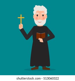 Evangelist, priest or pastor with cross and bible. EPS10 vector illustration in flat style.