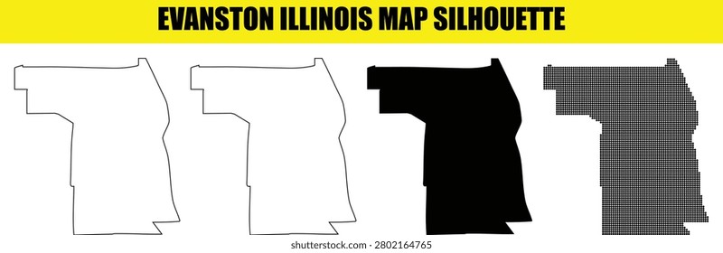 Evanston Illinois map silhouette vector art set including white silhouette black outline black silhouette and halftone dotted pattern style Isolated designs for cartography travel guides and signage.