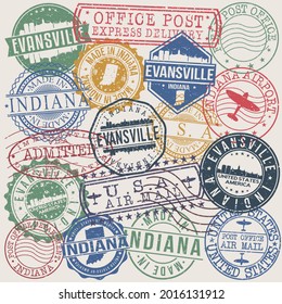 Evansville, IN, USA Set of Stamps. Travel Stamp. Made In Product. Design Seals Old Style Insignia.