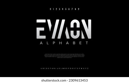 Evaon abstract digital technology logo font alphabet. Minimal modern urban fonts for logo, brand etc. Typography typeface uppercase lowercase and number. vector illustration