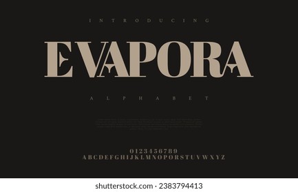 Evapora premium luxury elegant alphabet letters and numbers. Elegant wedding typography classic serif font decorative vintage retro. Creative vector illustration