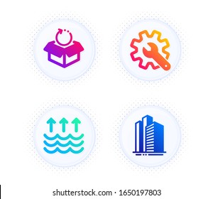 Evaporation, Customisation and Return package icons simple set. Button with halftone dots. Skyscraper buildings sign. Global warming, Settings, Exchange goods. Town architecture. Vector