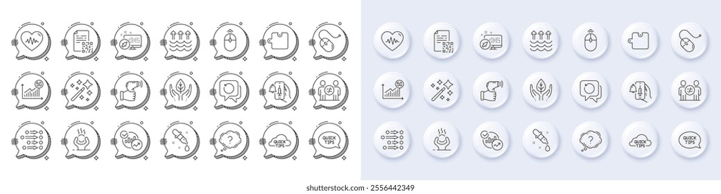 Evaporation, Electronic thermometer and Vaccine announcement line icons. White pin 3d buttons, chat bubbles icons. Pack of Difficult stress, Question mark, Quickstart guide icon. Vector