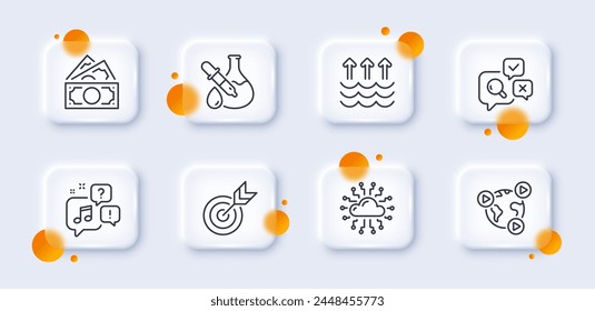 Evaporation, Money and Cloud network line icons pack. 3d glass buttons with blurred circles. Voicemail, Inspect, Video conference web icon. Chemistry experiment, Target pictogram. Vector