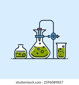 The evaporation process in a laboratory, where liquid gradually turns into vapor due to heat, demonstrating phase change in a scientific experiment