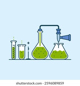 The evaporation process in a laboratory, where liquid gradually turns into vapor due to heat, demonstrating phase change in a scientific experiment