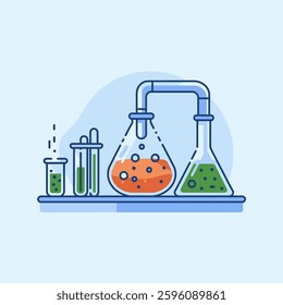 The evaporation process in a laboratory, where liquid gradually turns into vapor due to heat, demonstrating phase change in a scientific experiment