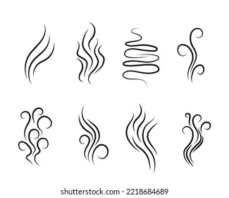 Evaporation and smoke lines set. Wriggling black streaks of steam and gas with foggy and pungent vector smell sketch