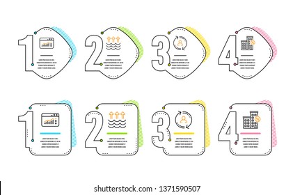 Evaporation, Web traffic and User info icons simple set. Loan house sign. Global warming, Website window, Update profile. Discount percent. Infographic timeline. Line evaporation icon. Vector